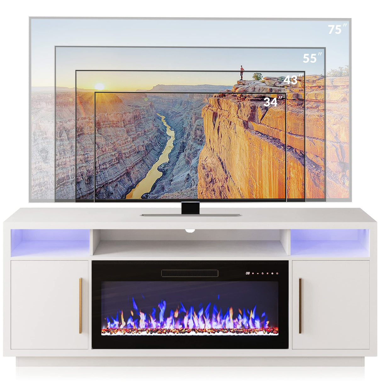 BELLEZE 70" Fireplace TV Stand for TVs Up to 75", LED Light Entertainment Center with 36" Electric Fireplace Heater, Storage Cabinet, Media Console Table for Living Room - Avenue (White) BELLEZE