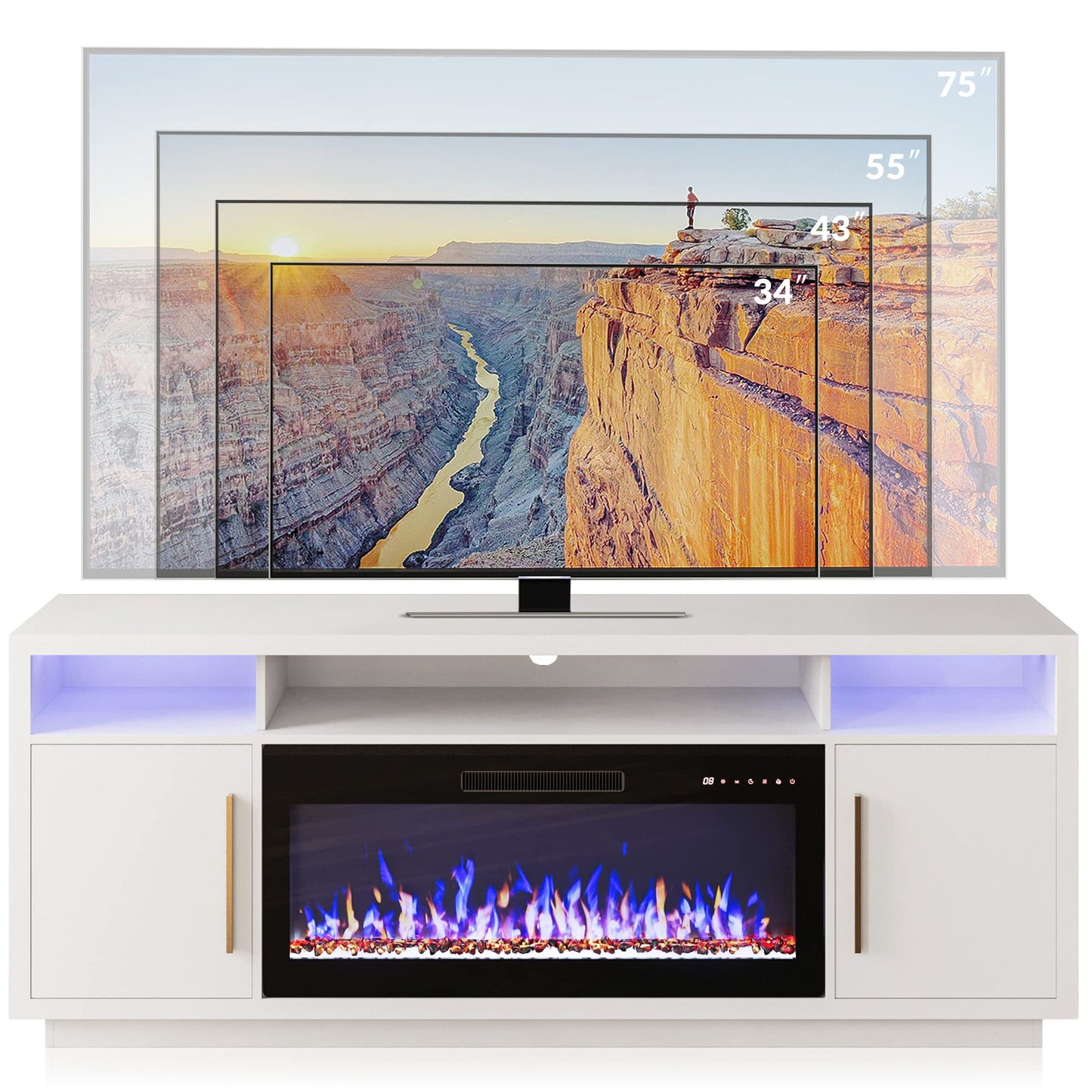 BELLEZE 70" Fireplace TV Stand for TVs Up to 75", LED Light Entertainment Center with 36" Electric Fireplace Heater, Storage Cabinet, Media Console Table for Living Room - Avenue (White)