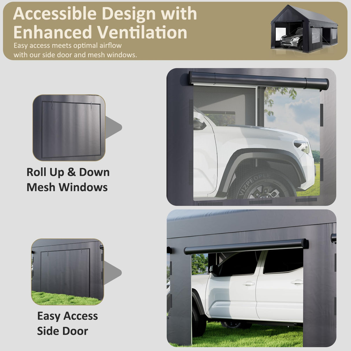 AirWire Carport 12' x 20' Heavy Duty Portable Garage, Carport Canopy with Side-Opening Door & Roll-Up Windows, Car Canopy Reinforced Four-Hole Base for Car, Truck, Boat, Party, Black AirWire