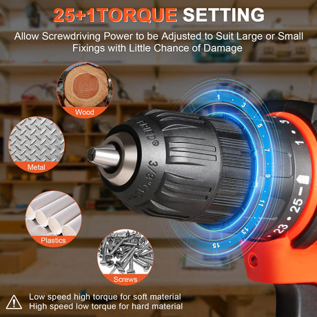 12v Drill Driver Set,Cordless Drill with Battery and Charger,LED Tools Kit,25+1 Torque Setting and 43pcs Bits BIHOO