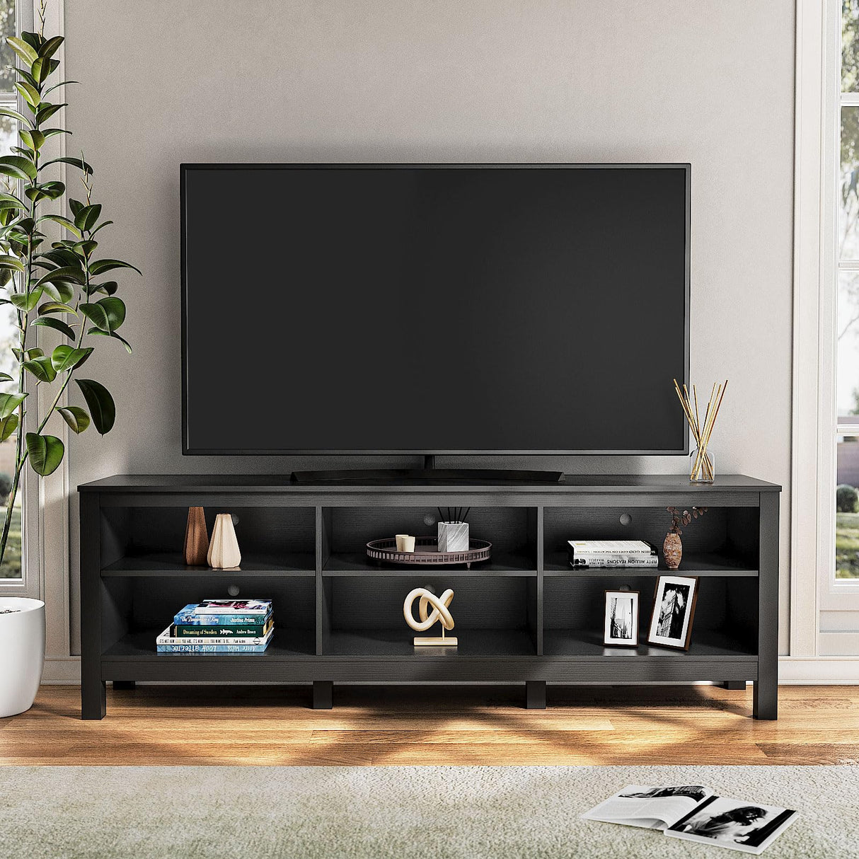 BVIUNTWO Black TV Stand for TVs up to 70 Inch,Entertainment Center for 65+ inch TV Console Table with 6 Storage Cubby, Classic Television Stands for Living Room Bedroom, 65 Inch BVIUNTWO