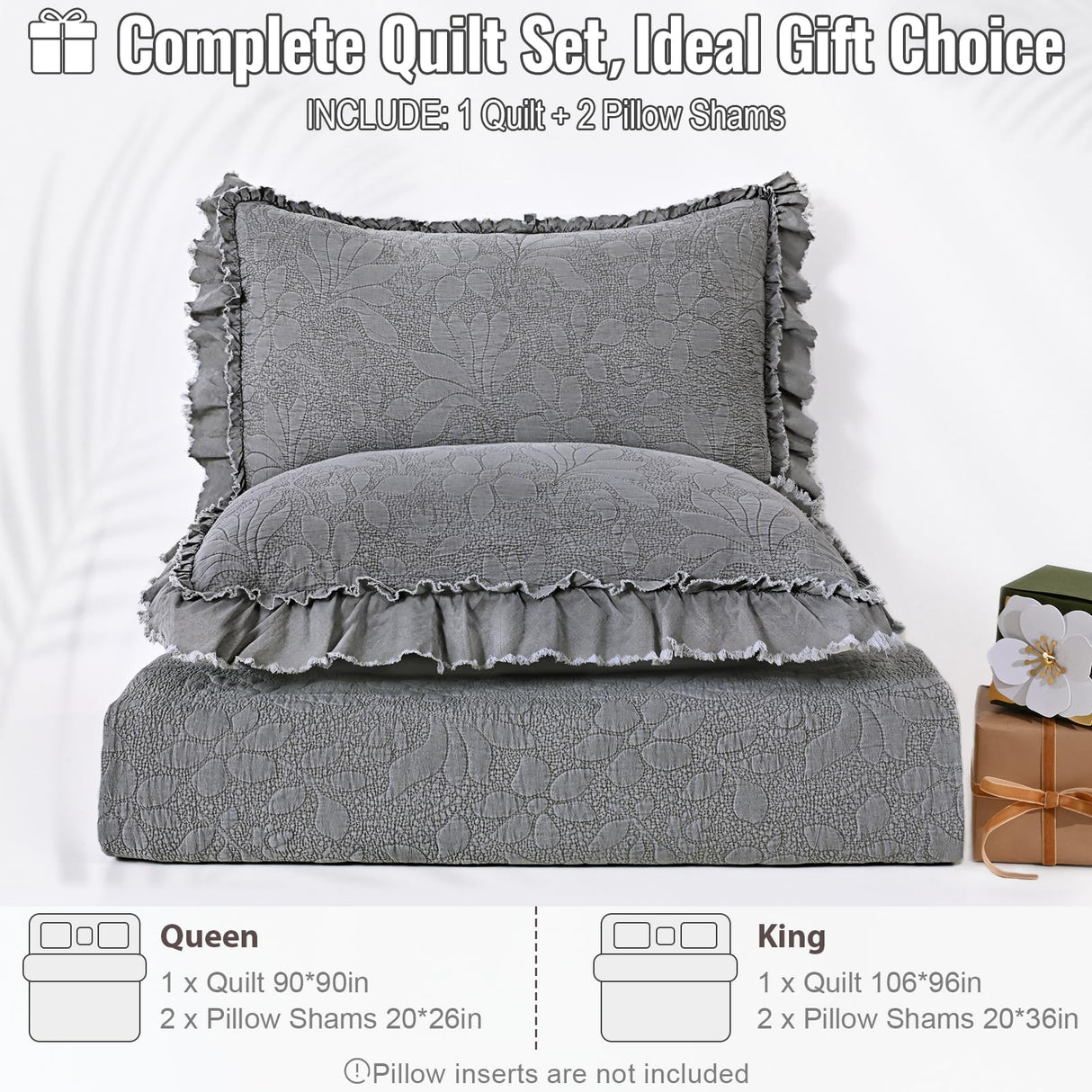 Uspring Grey Ruffled Floral Quilts Queen Size Soybean Fiber Filling Bedding Set 3 Piece, Stone-Washed Microfiber Farmhouse Shabby Chic Lightweight Soft Bedspread Coverlet for All Season, 90'' x 90'' Uspring