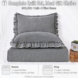 Uspring Grey Ruffled Floral Quilts Queen Size Soybean Fiber Filling Bedding Set 3 Piece, Stone-Washed Microfiber Farmhouse Shabby Chic Lightweight Soft Bedspread Coverlet for All Season, 90'' x 90'' Uspring