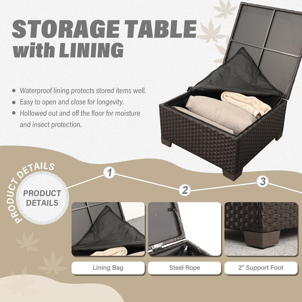 Oasishine Wicker Patio Furniture Patio Couch 3 Pieces Outdoor Sectional with Ottoman and Outdoor Storage Table with Lining Weathering Anti-Slip Cushions Furniture Covers, Khaki Oasishine