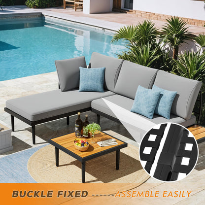 Devoko Outdoor Sectional Furniture Patio Sectional Sofa with Acacia Wood Table, Patio L-Shaped Conversation Set with All-Weather Cushion for Patio,Garden,Backyard(Gray) - WoodArtSupply