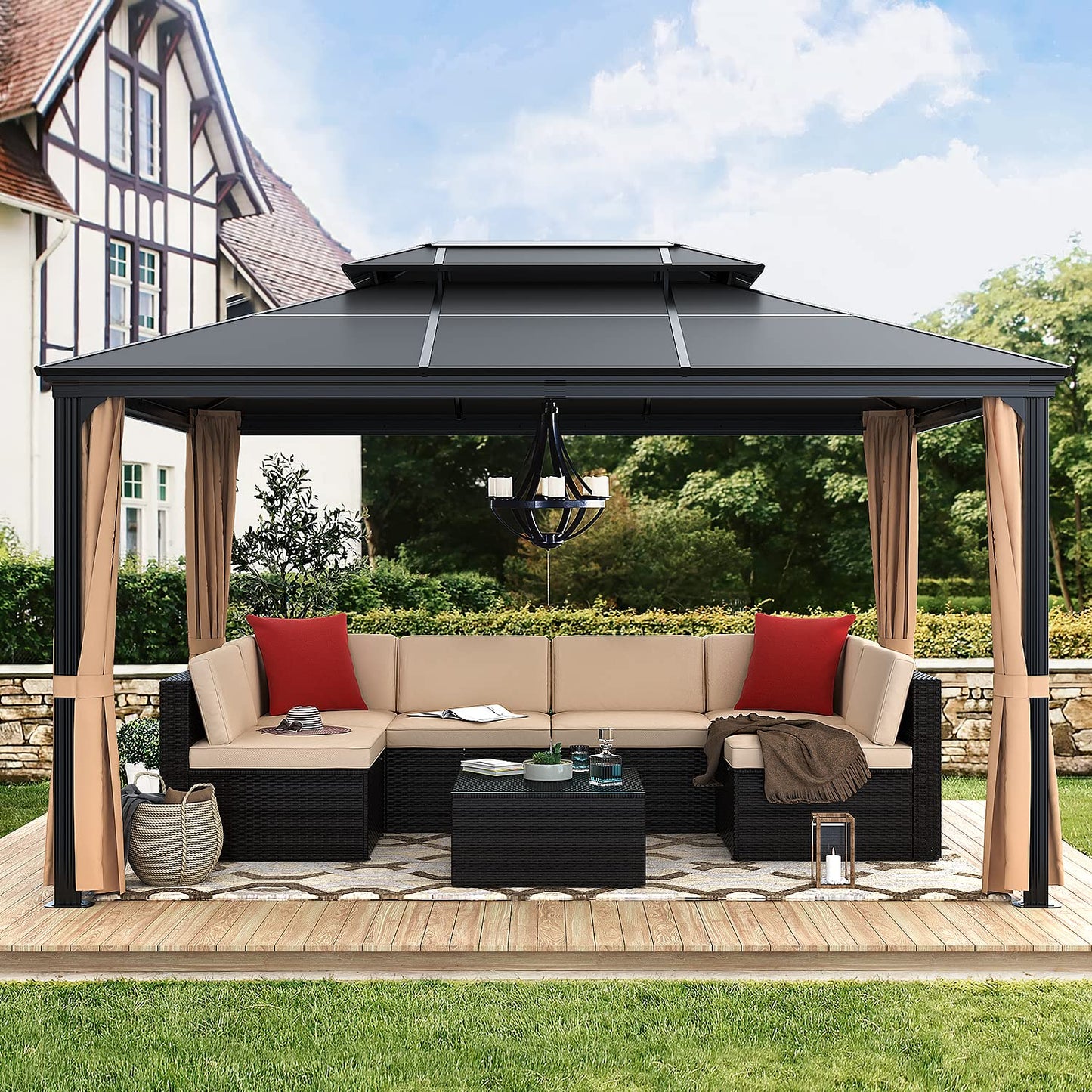 Greesum 10'x13' Hardtop Polycarbonate Gazebo, Outdoor Steel Double Roof Canopy, Aluminum Frame Permanent Pavilion with Netting and Curtains for Lawns, Patio, Backyard and Deck - WoodArtSupply