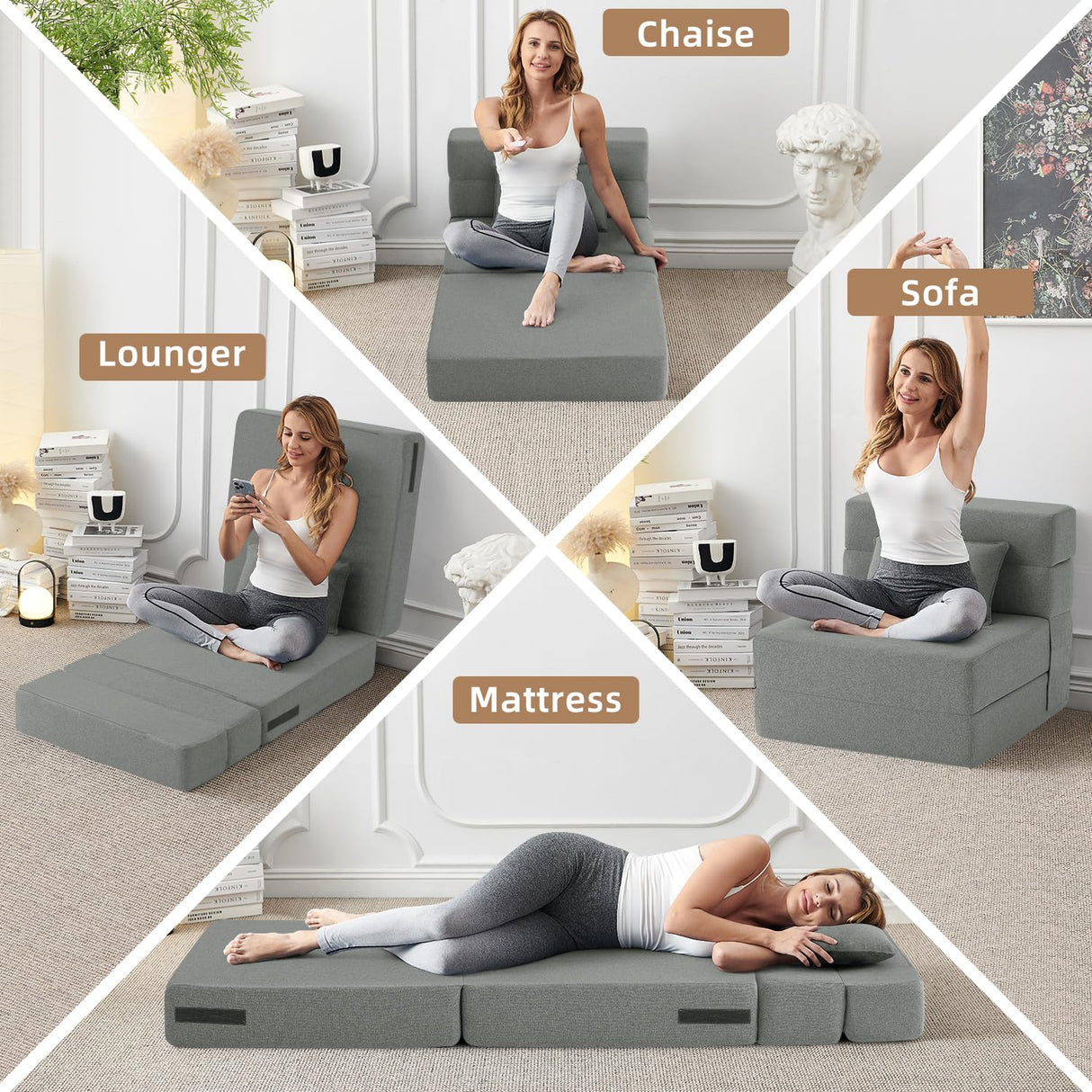 FILUXE Convertible Folding Sofa Bed - Sleeper Chair with Pillow, Modern Linen Fabric Floor & Futon Couch, Foldable Mattress for Living Room/Dorm/Guest Use/Home Office/Apartment, Single Size Light Gray FILUXE