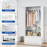 BYNSOE Metal Armoire Wardrobe Closet with 2 Doors 72'' Wardrobe Cabinet with Drawers and Hanging Rail Metal Closet with Adjustable Shelves for Bedroom. (White, with 1drawer) BYNSOE
