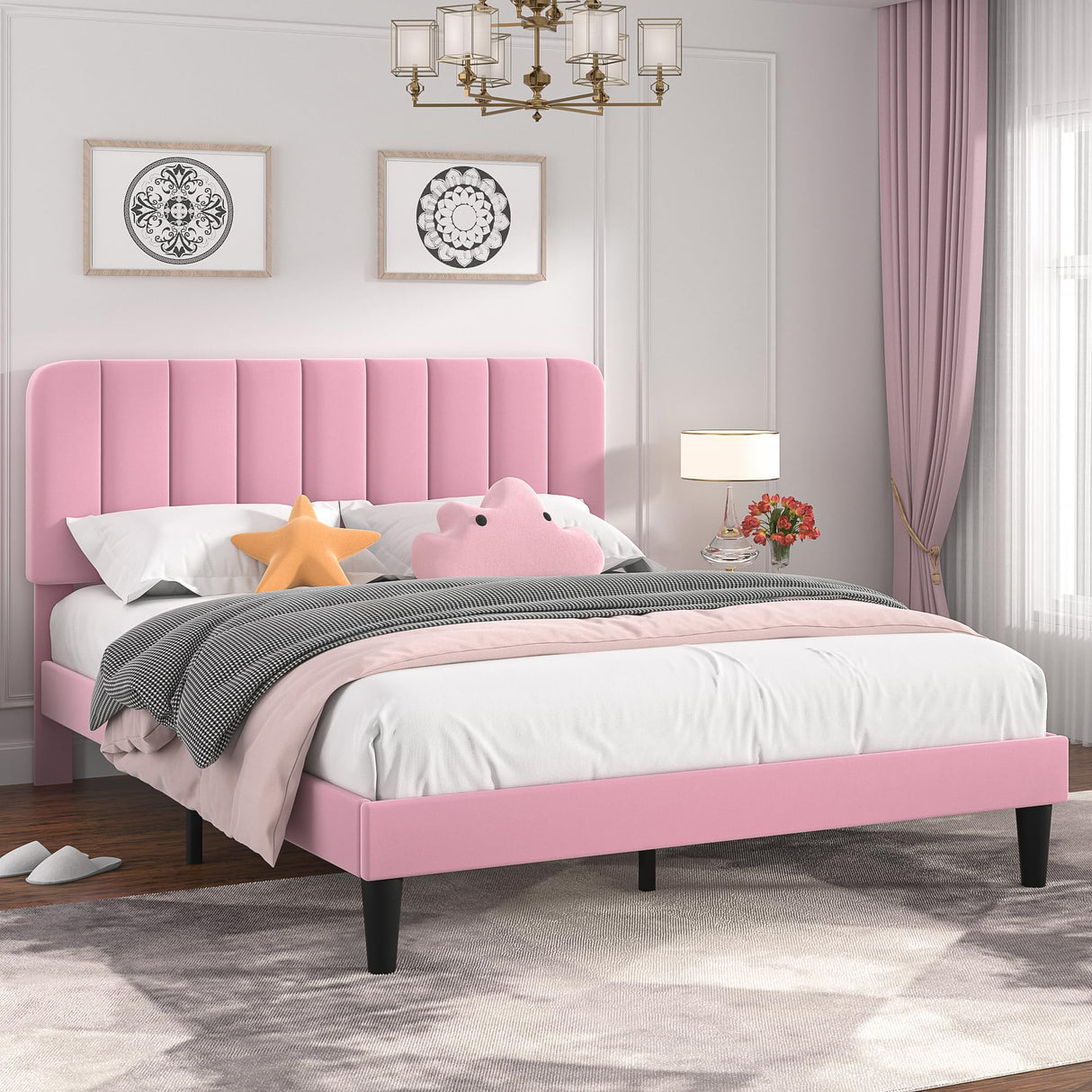 VECELO Queen Size Bed Frame with Upholstered Headboard, Velvet Platform Bedframe Mattress Foundation, Strong Wood Slat Support, No Box Spring Needed, Pink VECELO
