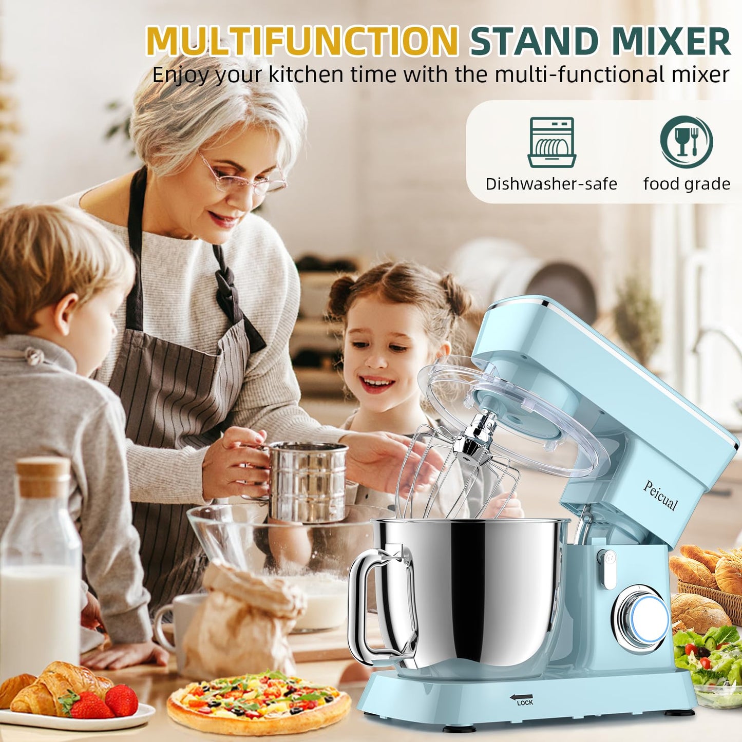 Peicual Stand Mixer, 6QT 10+P Speed Tilt-Head Kitchen Electric Mixer, Food Mixer with Stainless Steel Bowl, Dough Hook, Flat Beater, Wire Whisk, Splash Guard-Blue