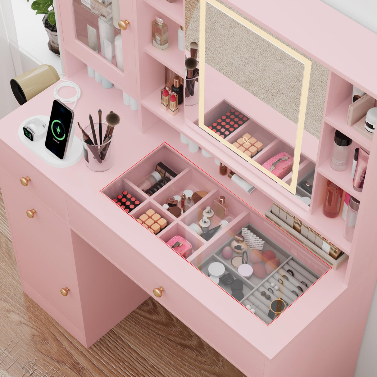 HUANLEGO Vanity Desk with Mirror and Lights, Glass Top Vanity with Lights and RGB Cabinet & Jewellery Organizers, Makeup Vanity Desk with Lights, Power Outlet, Dressing Table for Bedroom, Pink HUANLEGO