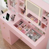 HUANLEGO Vanity Desk with Mirror and Lights, Glass Top Vanity with Lights and RGB Cabinet & Jewellery Organizers, Makeup Vanity Desk with Lights, Power Outlet, Dressing Table for Bedroom, Pink HUANLEGO