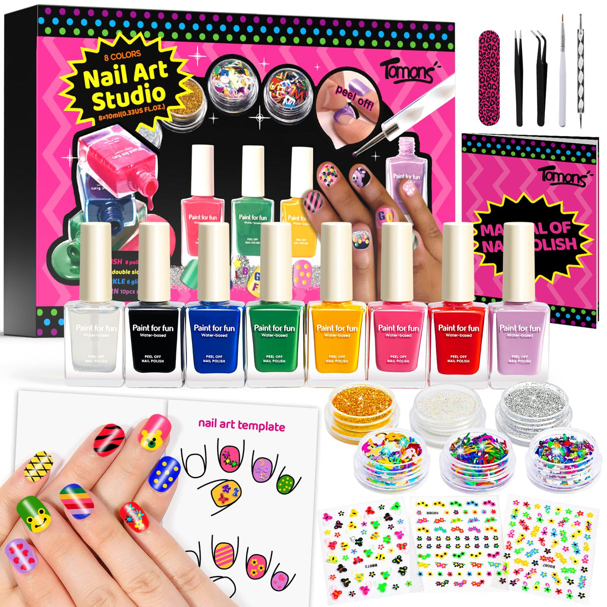 Tomons Nail Polish Set Non Toxic Kids Nail Polish Kit for Kids Ages 7-12, Birthday Gifts for 6 7 8 9 10 11 12 Year Girl, Glitter, Sequins, Stickers, Nail Art Kit Tools- 8 Colors Tomons