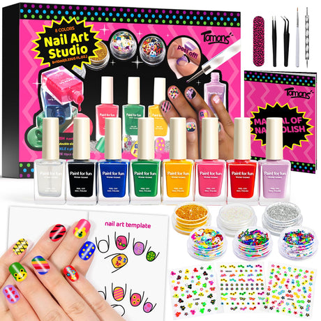 Tomons Nail Polish Set Non Toxic Kids Nail Polish Kit for Kids Ages 7-12, Birthday Gifts for 6 7 8 9 10 11 12 Year Girl, Glitter, Sequins, Stickers, Nail Art Kit Tools- 8 Colors Tomons