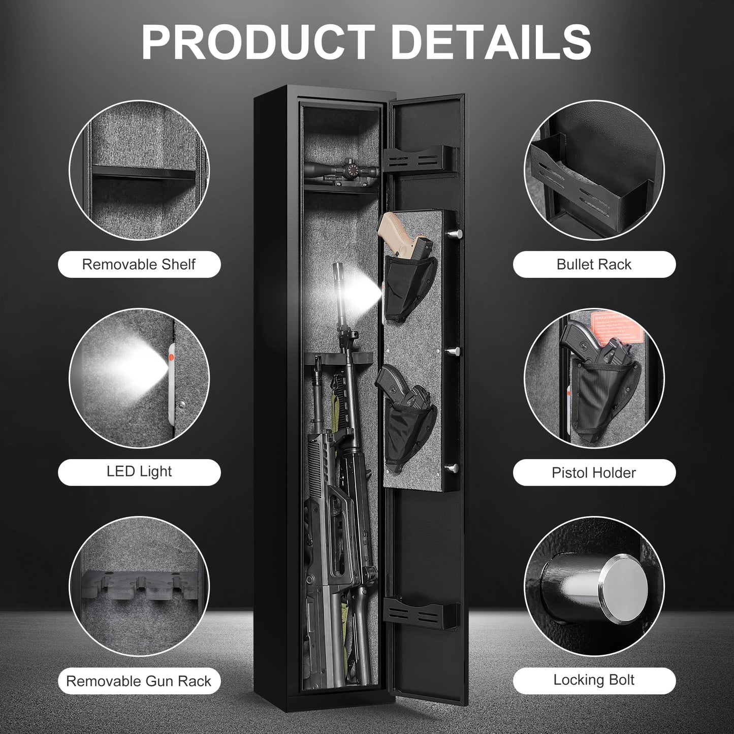 Marcree 2-3 Gun Safe, Biometric Gun Cabinet for Rifles and Pistols, Rifle Gun Safe with Dual Alarm System, Shotgun Safe with Removable Shelf and Mute Function, Fingerprint Lock