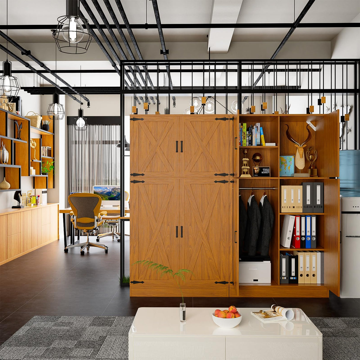 Unikito 71'' Farmhouse Wardrobe Closet with Hanging Rod, 4 Barn Door Storage Cabinet with Adjustable Shelves, Freestanding Closet Wardrobe Cabinet for Bedroom Living Room Office, Highland Oak Unikito