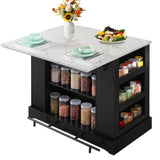 FUSUNBAO Large Kitchen Island with Storage & Power Outlet, Drawer, Adjustable Shelves, Side Open Compartments, and Drop Leaf,Island Table for Kitchen with Footrest,Black FUSUNBAO