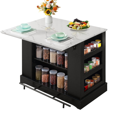 FUSUNBAO Large Kitchen Island with Storage & Power Outlet, Drawer, Adjustable Shelves, Side Open Compartments, and Drop Leaf,Island Table for Kitchen with Footrest,Black FUSUNBAO