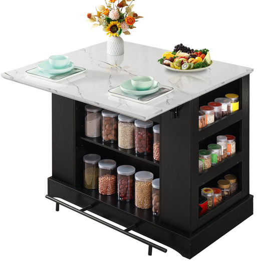 FUSUNBAO Large Kitchen Island with Storage & Power Outlet, Drawer, Adjustable Shelves, Side Open Compartments, and Drop Leaf,Island Table for Kitchen with Footrest,Black