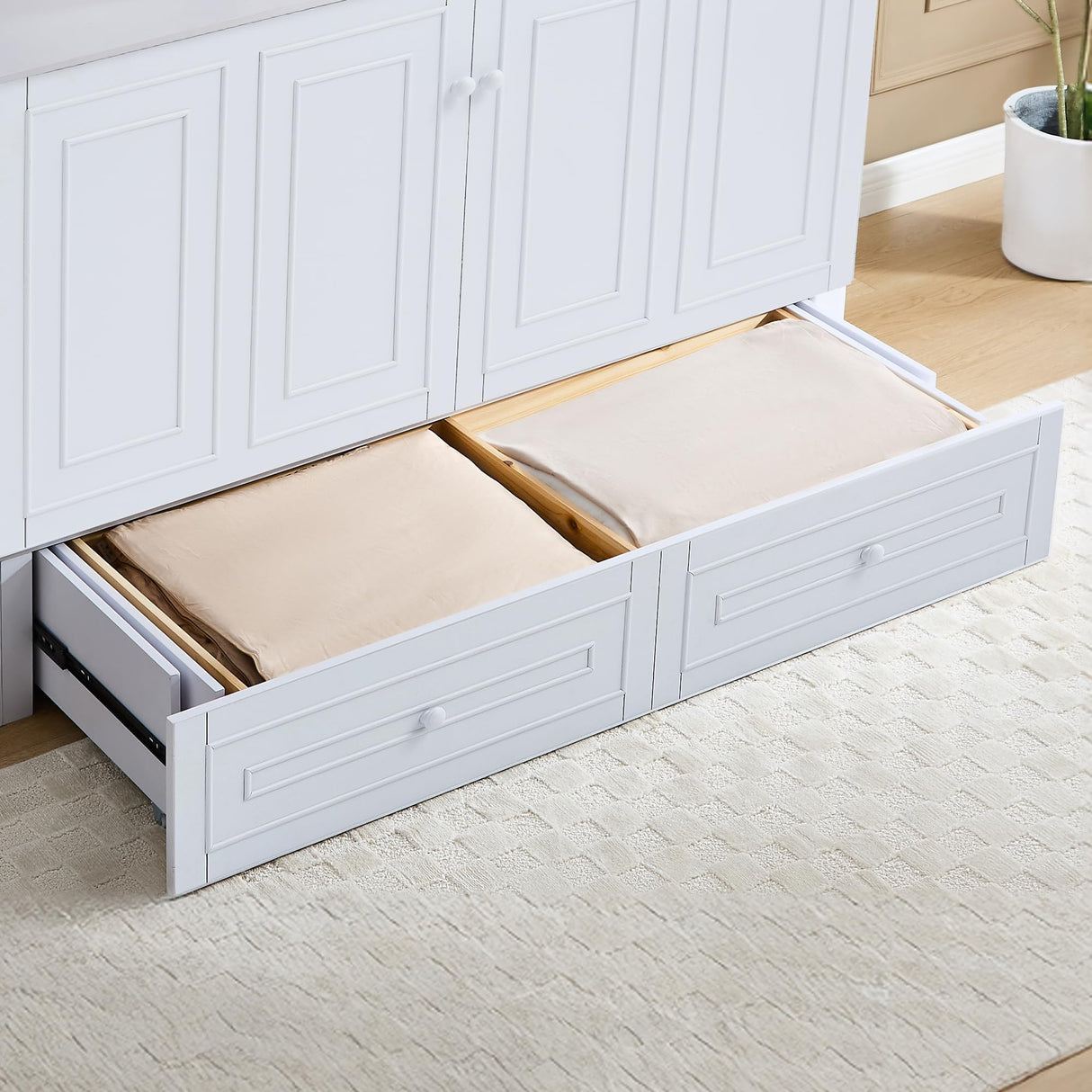 Tykacna Queen Murphy Bed with Tri-Folding Mattress, Space-Saving Queen Size Wall Bed Built-in Charging Station, Foldable Murphy Bed Cabinet with 2 Storage Drawers for Bedroom, Guest Room, White Tykacna