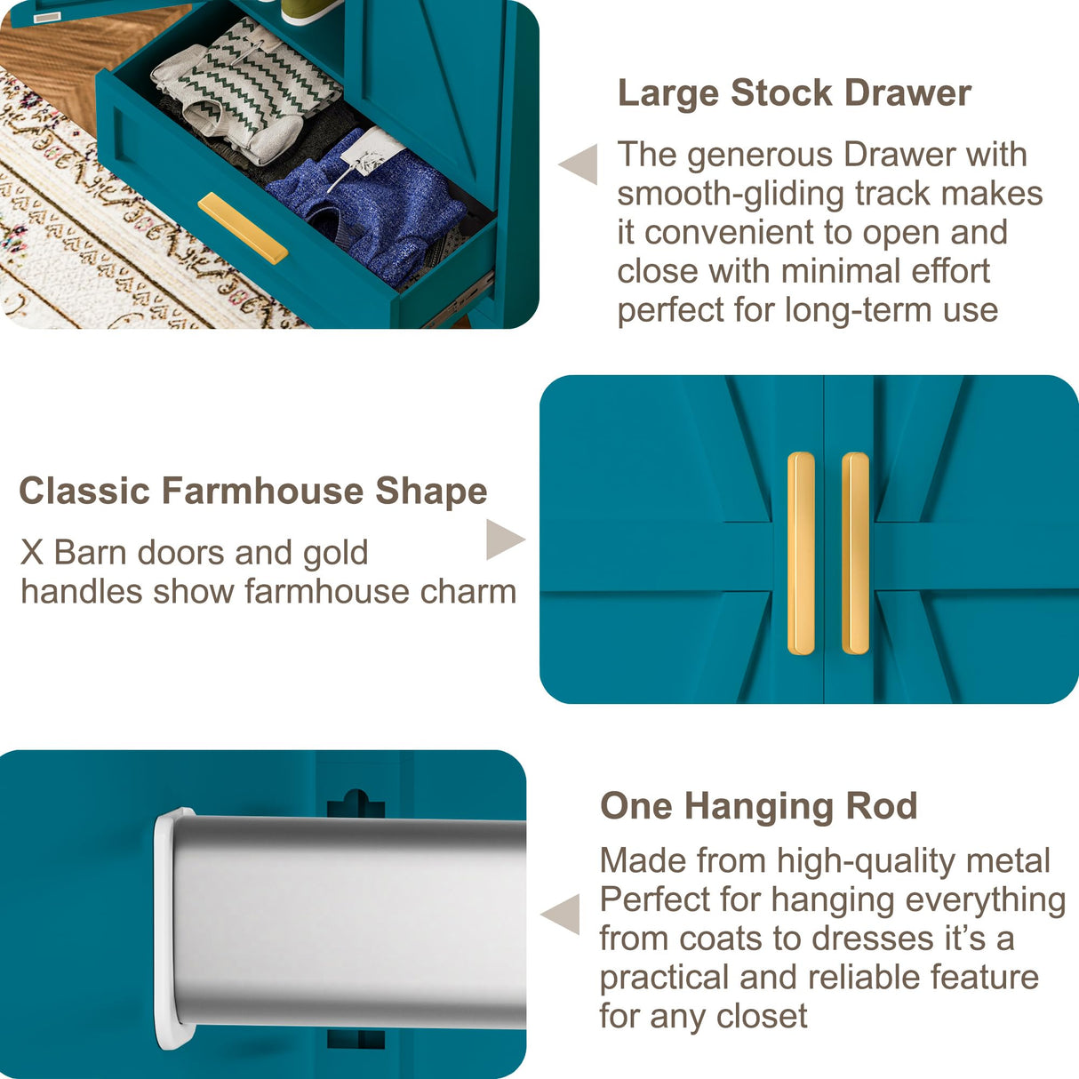 Baborokic Metal Wardrobe Cabinet with Hanging Rod, 71" Armoire Wardrobe Closet with 2 Drawers,Farmhouse Metal Clothing Storage Cabinets with Door and Adjustable Shelves for Bedroom,Laundry Room(Blue) Baborokic