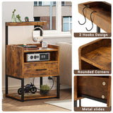 AOGLLATI Nightstand Set of 2 with Charging Station, Rustic Brown Night Stands for Bedroom Set of 2, Bedside Table with Storage Drawer and LED Light, AOGLLATI