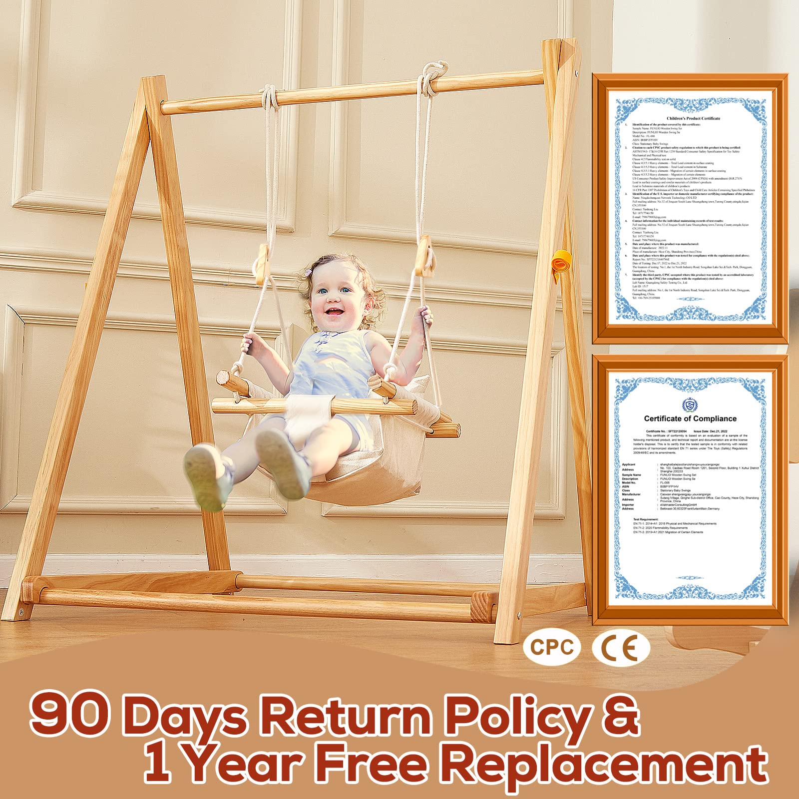 FUNLIO Wooden Swing Set for Toddlers 6-36 Months, Foldable Baby Swing Set with Durable Pine & Velcro, Portable Toddler Swing with 4 Sandbags & Extension Straps, Kid Swing for Indoor/Outdoor/B - WoodArtSupply