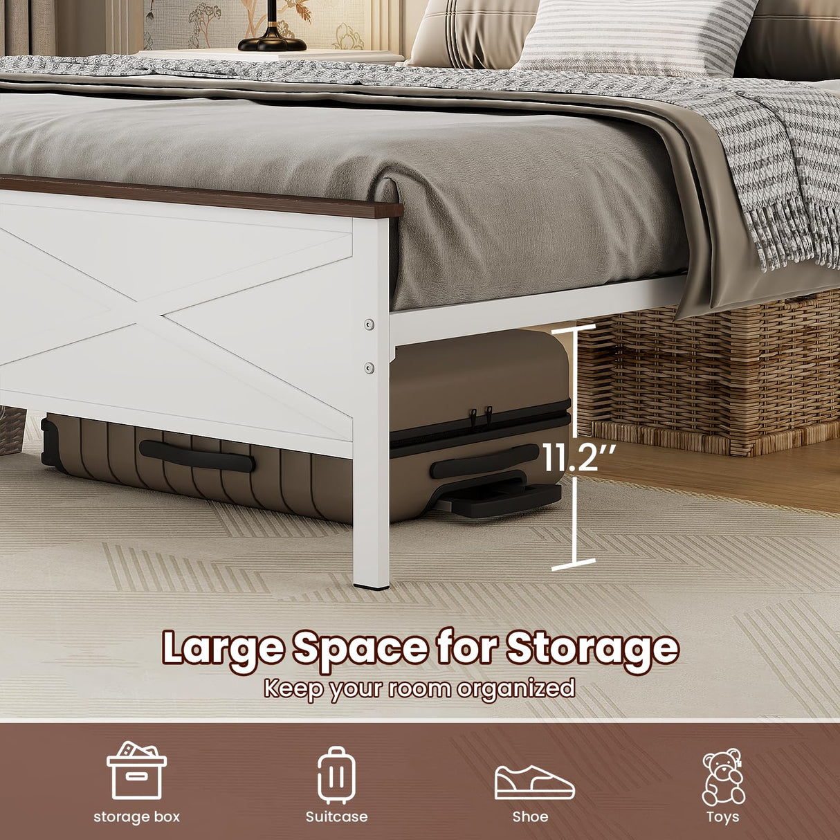 VOPEAK Farmhouse Full Bed Frame with Headboard and Footboard, Bed Frame Full Size Metal Platform with Under Bed Storage, Noise Free, No Box Spring Needed, Easy to Install, Sturdy & Stable, White VOPEAK