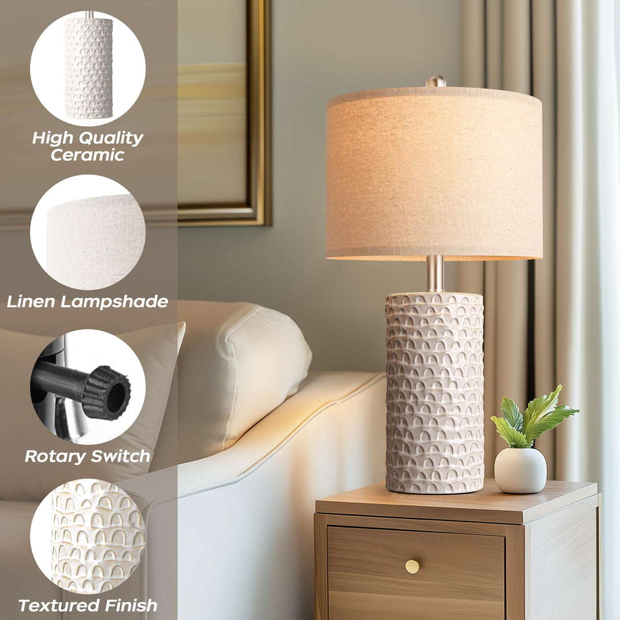 PARTPHONER 23" Modern Ceramic Table Lamp Set of 2, Table Lamps for Living Room, Rustic Farmhouse Bedside Lamps Nightstand lamp for Bedroom, White Desk Lamp for End Table Home Decor Beige PARTPHONER