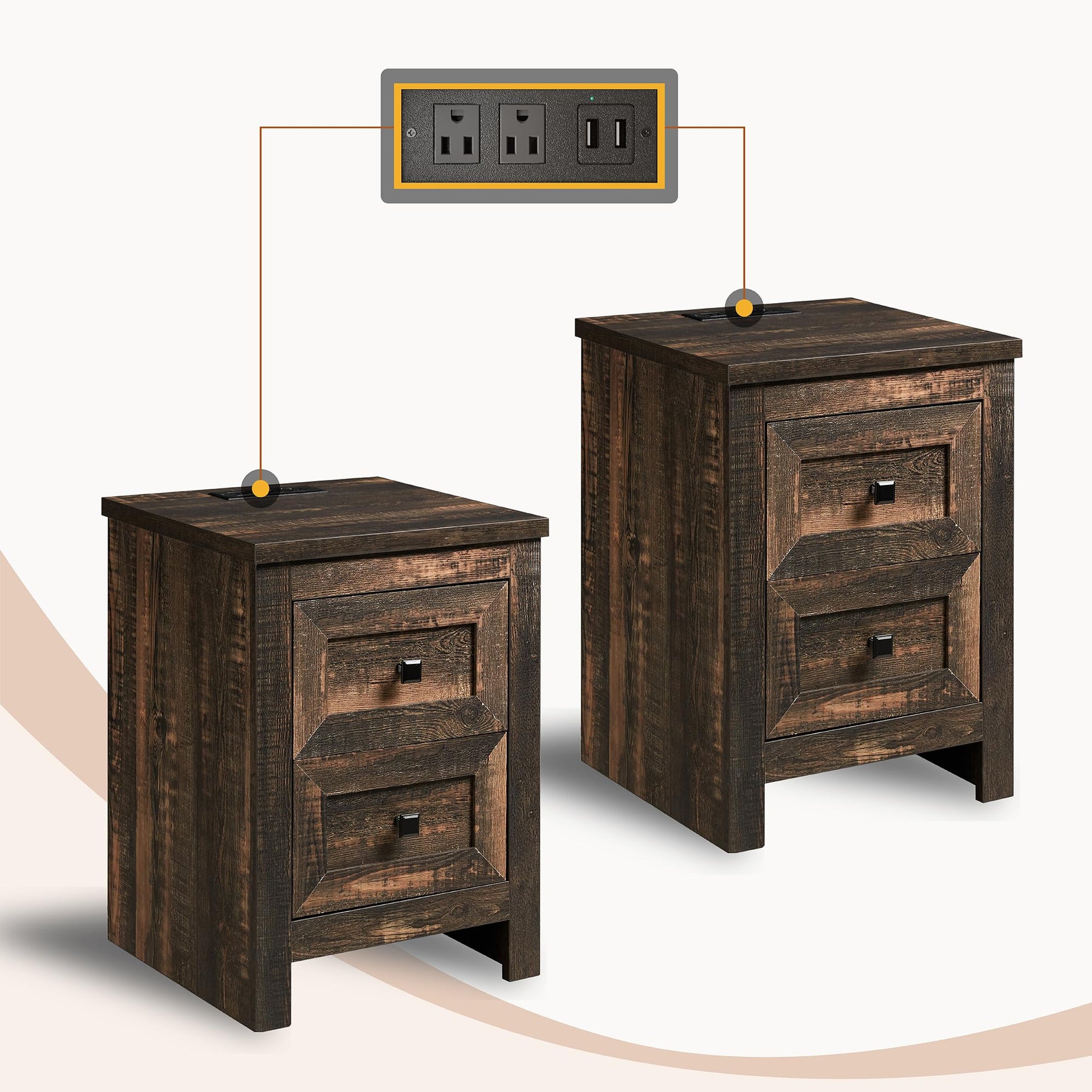 AMERLIFE Nightstand Set of 2 with Charging Station, Rustic Bedside Table with Drawers Storage, Farmhouse Wood Night Stand for Bedroom, Living Room, Dark Oak - WoodArtSupply