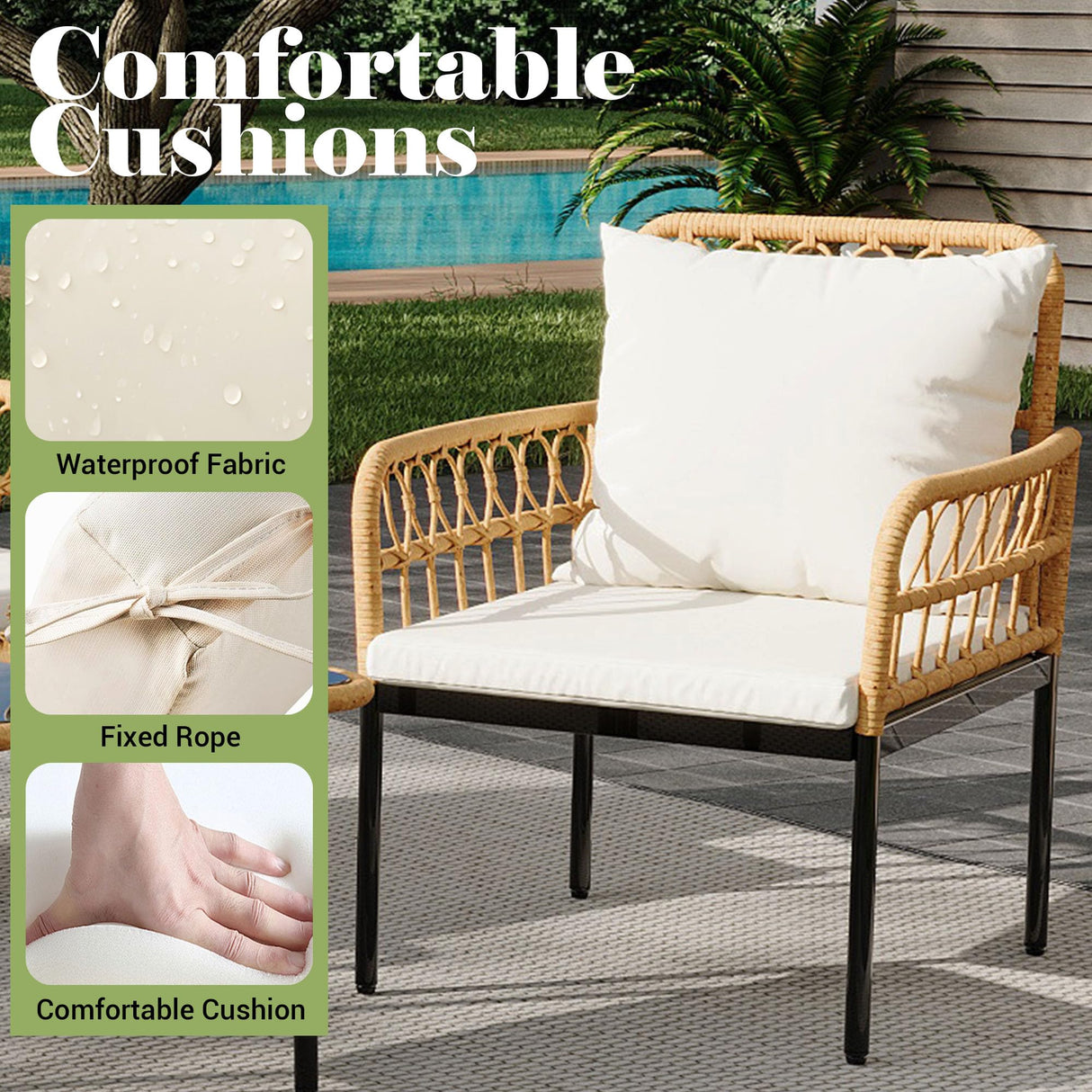 IDEALHOUSE 4-Piece Outdoor Patio Furniture Set, All-Weather PE Rattan Wicker Loveseat & Chairs with Glass Coffee Table & Steel Frame, Boho Conversation Set for Patio, Balcony, Backyard, Beige IDEALHOUSE