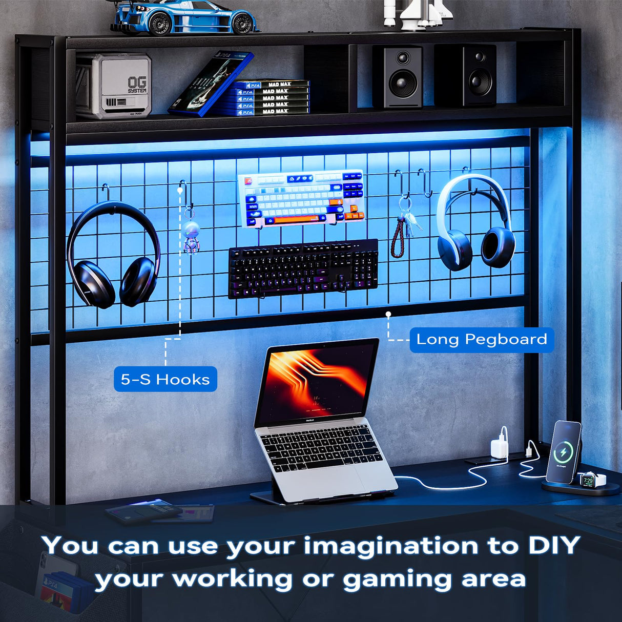 Harmobitat U Shaped Computer Desk with Monitor Stand and LED Lights, Computer Gaming Desk with Storage Shelves, Large U- Shape Desk with Power Outlets, Corner Office Desk with 4 Drawers, Black Harmobitat