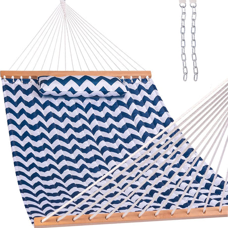 Lazy Daze Hammocks 12 FT Double Quilted Hammock with Spreader Bars and Detachable Pillow, 2 Person Hammock for Outdoor Patio Backyard Poolside, 450 LBS Weight Capacity, Blue Chevron Stripe Lazy Daze Hammocks