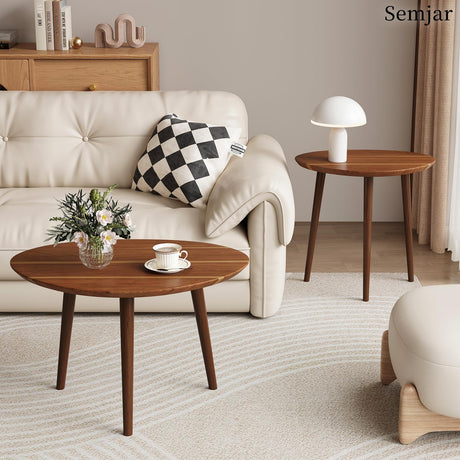Semjar Small Oval Coffee Tables Set,Acacia Wood Tabletop Nesting Tables（25.6"x17.7"+17.7"x13.4" for Living Room Small Spaces Office,Easy Assembly Minimalist Walnut Mid Century Modern Coffee Table Semjar