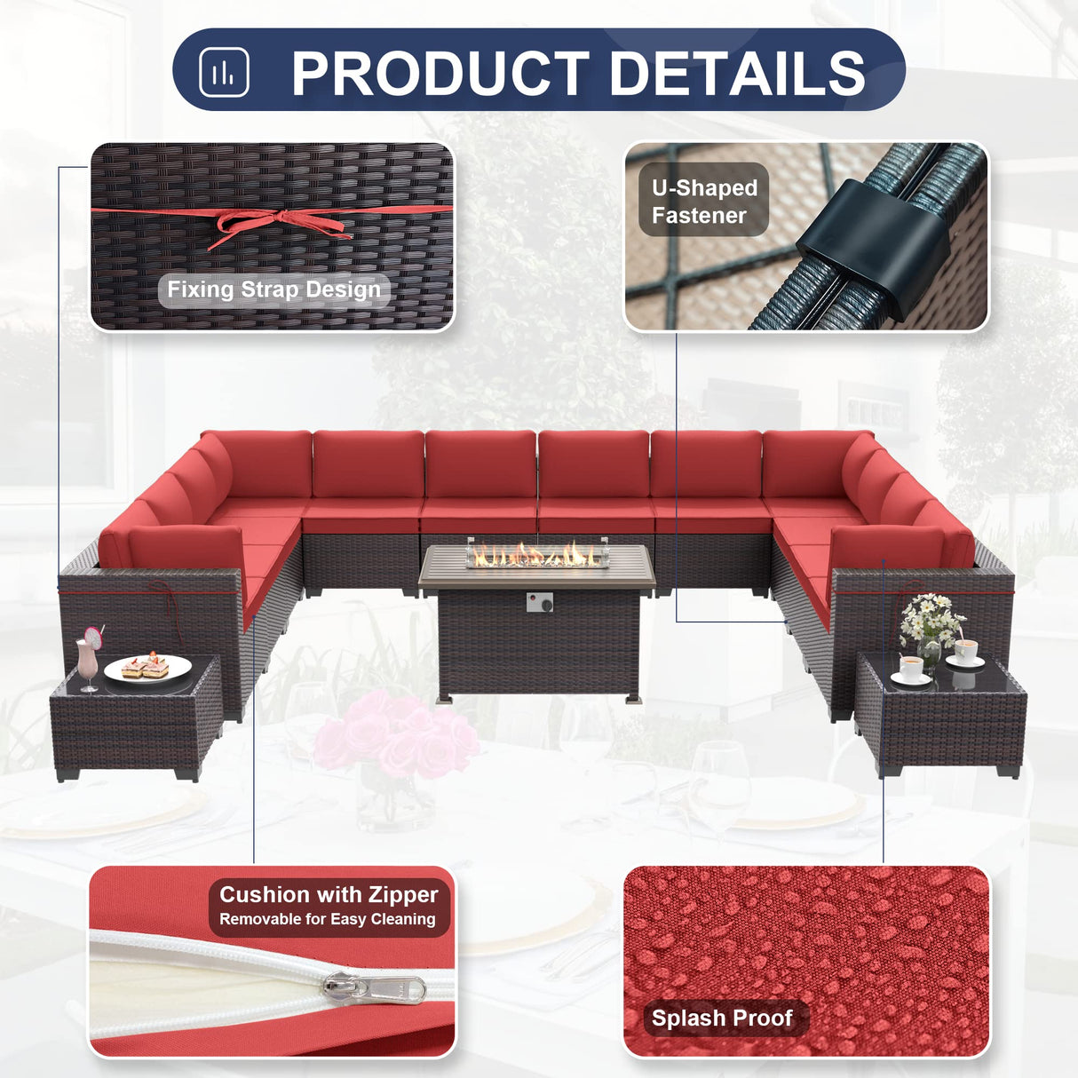 Kurapika 15 Pieces Patio Furniture Set, Rattan Wicker Outdoor Conversation Sets w/43in Propane Fire Pit Table and 4 Inch Cushion(Red) Kurapika