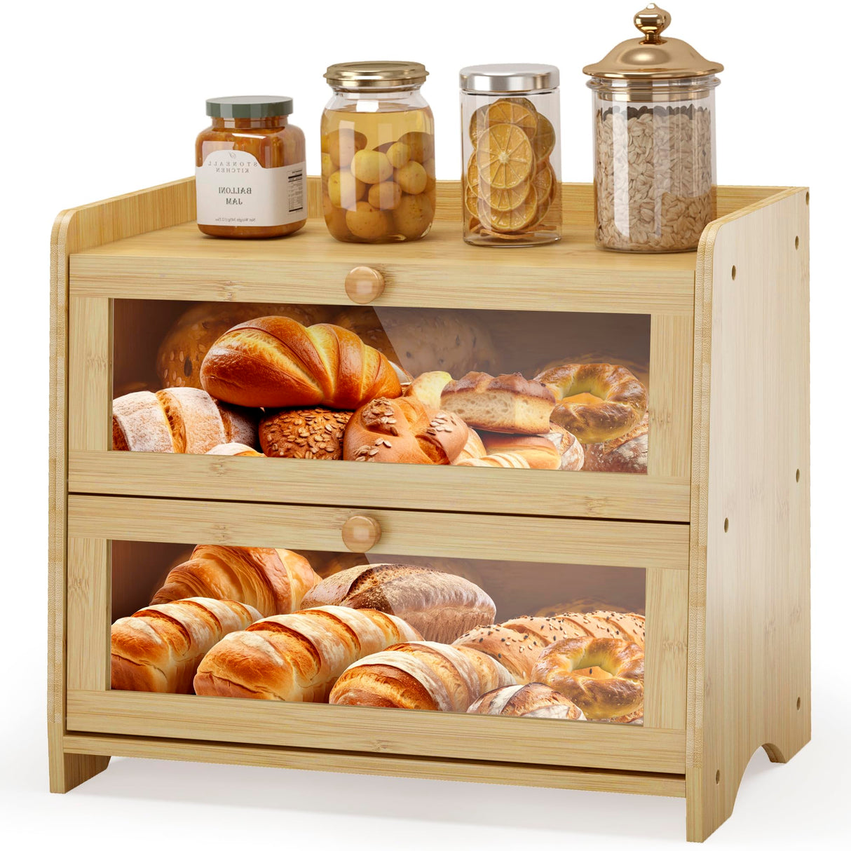 JANSNIMEN Double Layer Bread Box for Kitchen Countertop, Large Breadbox Bread with Windows, Wooden Farmhouse Bread Holder (Natural Bamboo) JANSNIMEN