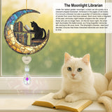 Black Cat and Bookshelf Suncatcher - Black Cat Reading a Book on The Moon Suncatcher, Bookworm Ornament with Crystal Suncatchers, Pet Memorial Gifts for Women, Gift for Book Lovers and Pet Owner. BOBI CARE