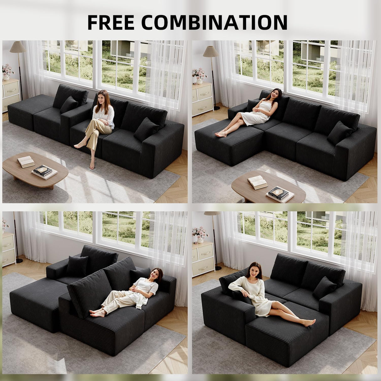 YHMEIXH 139" Black sectional couches for Living Room, Modular Sectional Sofa withDeep Seat, Boneless Sofa for Living Room, L-Shape Boneless Couch for Apartments Bedroom, No Assembly Required (Right) YHMEIXH