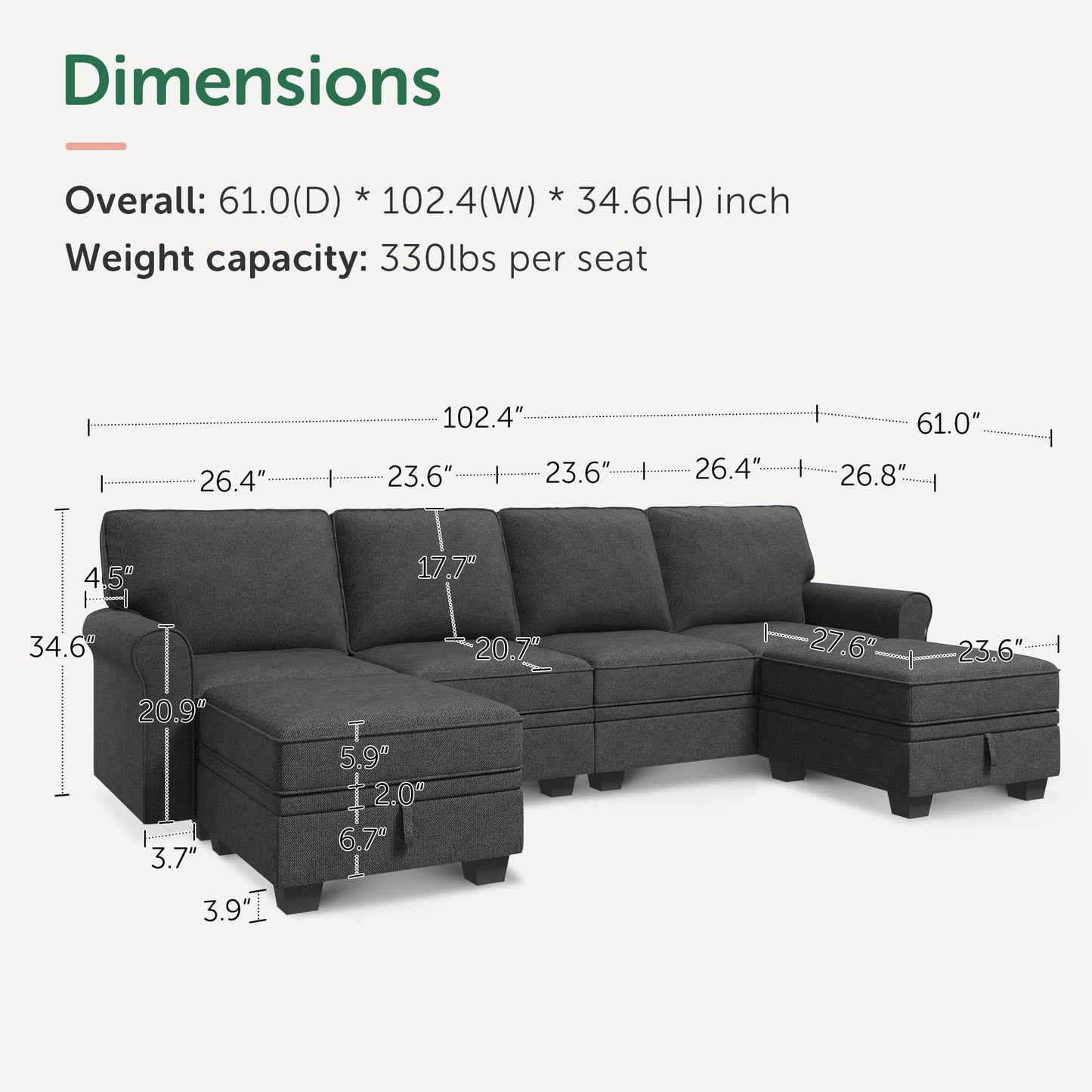 HONBAY Sectional Sofa with Storage Seat U Shaped Sectional Couch with Reversible Chaise Convertible Sectional Couch for Living Room,Dark Grey