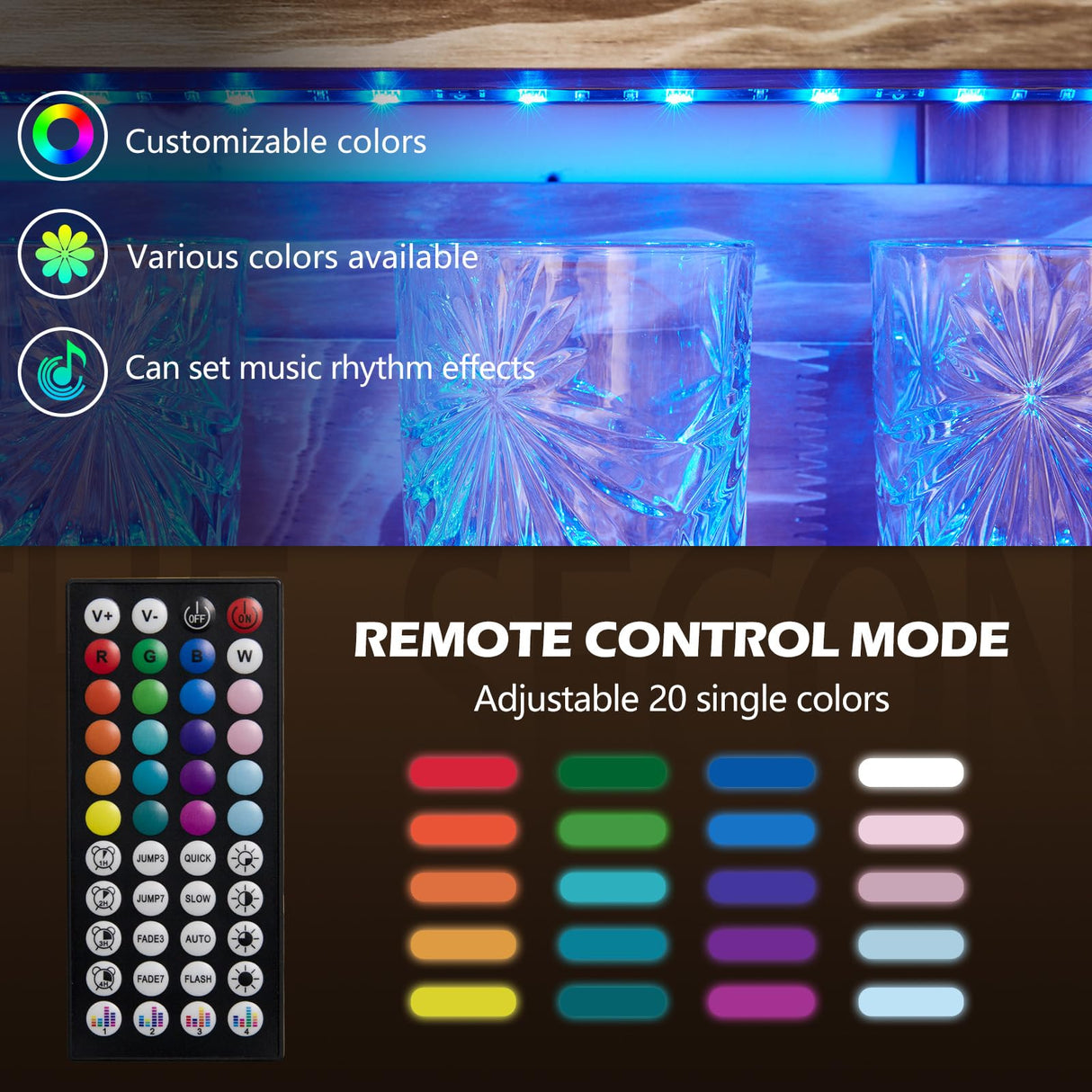 Homde Wine Rack with LED Light Wall Mounted Wood,Wine Shelf with Bottle Stemware Glass Holder Rustic, Wine Display Storage Rack with Cork Holder for Home Bar Kitchen Decor Homde