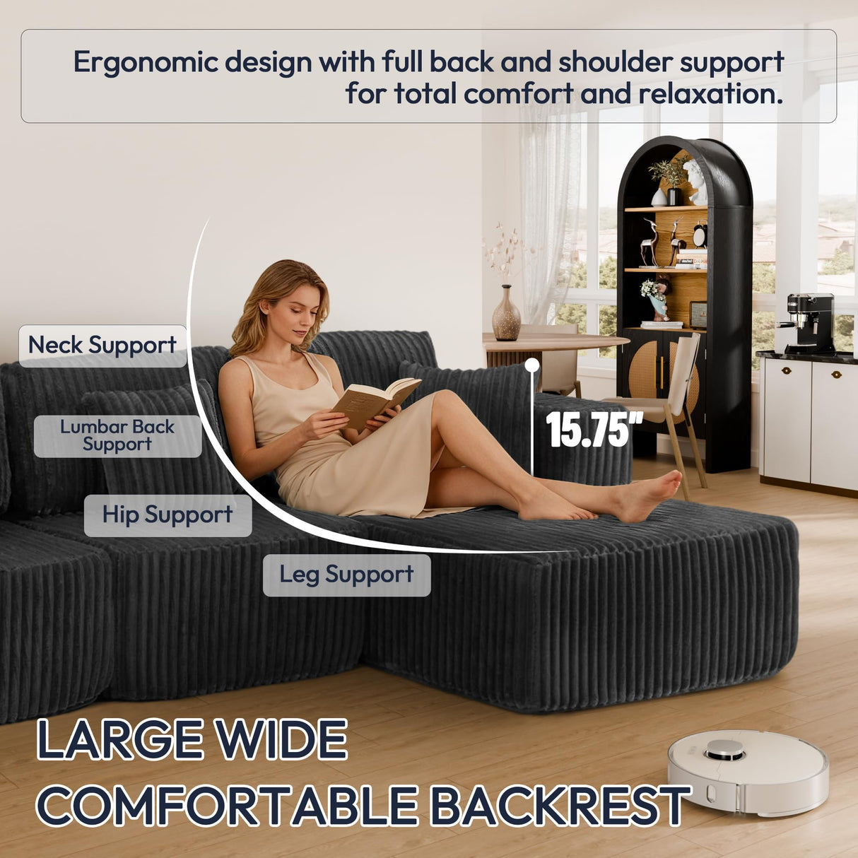 Trygoal 132" U Shaped Couch, Modular Sectional Sofa with Chaise, Corduroy U Shaped Boneless Couch with Deep Seat, Upholstered Modular Cloud Sofa for Living Room, No Assembly Required, Black Trygoal