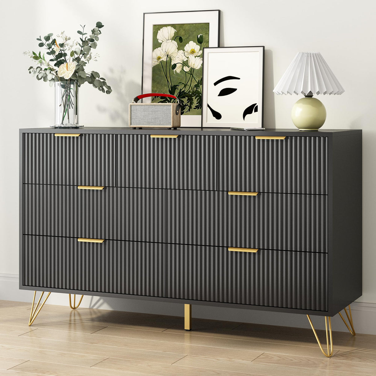 BAZELOR Black Dresser for Bedroom, 7 Drawers Dresser with Golden Handles, Modern Wood Chest for Living Room, Hallway, Entryway BAZELOR