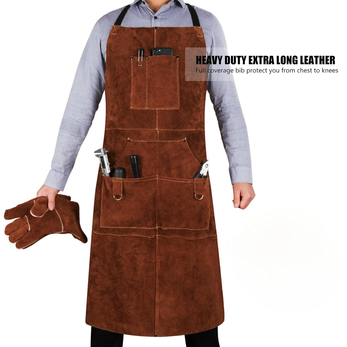 eletecpro Woodworking Apron Heavy Duty- Length 42 Inch 6 Pockets Leather Welding Apron & Welding Gloves Cowhide Fire/Heat Resistant Shop Apron Men/Women (Brown) - WoodArtSupply