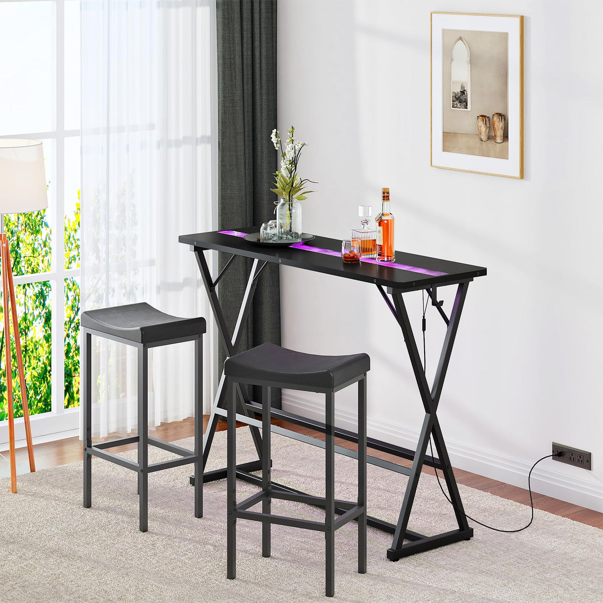 HOOBRO Bar Table,47.1" Rectangular Pub Table,Tall Counter Bar Height Table with LED Light and Glass Decoration, Modern Dining Table Footrests, for Dining Room, Pub, Tavern, Black BB68DBT01 HOOBRO