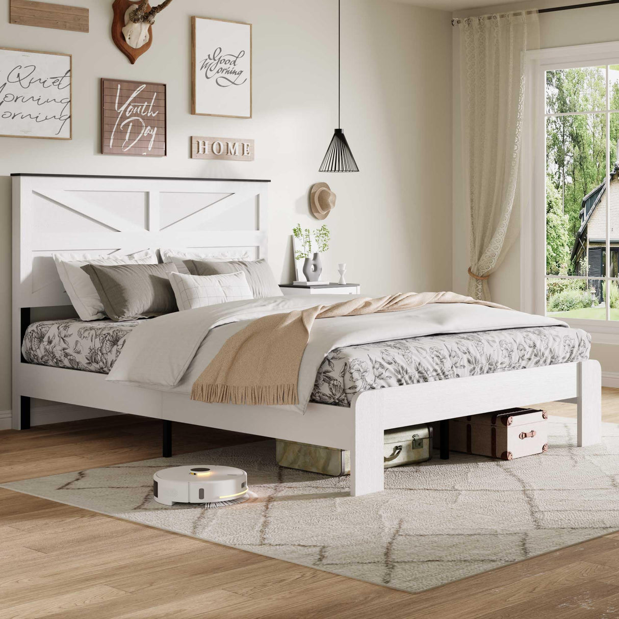 PAUKIN King Size Farmhouse Wooden Bed Frame with Headboard, Boho Platform Bedframe Sturdy Metal Slats Support, Spring Needed, Noisy Free, Easy Assembly (King, White) PAUKIN