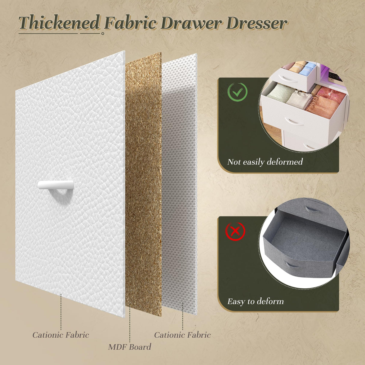 White Dresser for Bedroom with 10 Fabric Drawers,Organizer Unit with LED Light & Charging Station,Sturdy Chest of Drawers with 2 Open Shelves for Hallway,Living Room 11.8"D x 35.4"W x 39.4"H DurayLoly