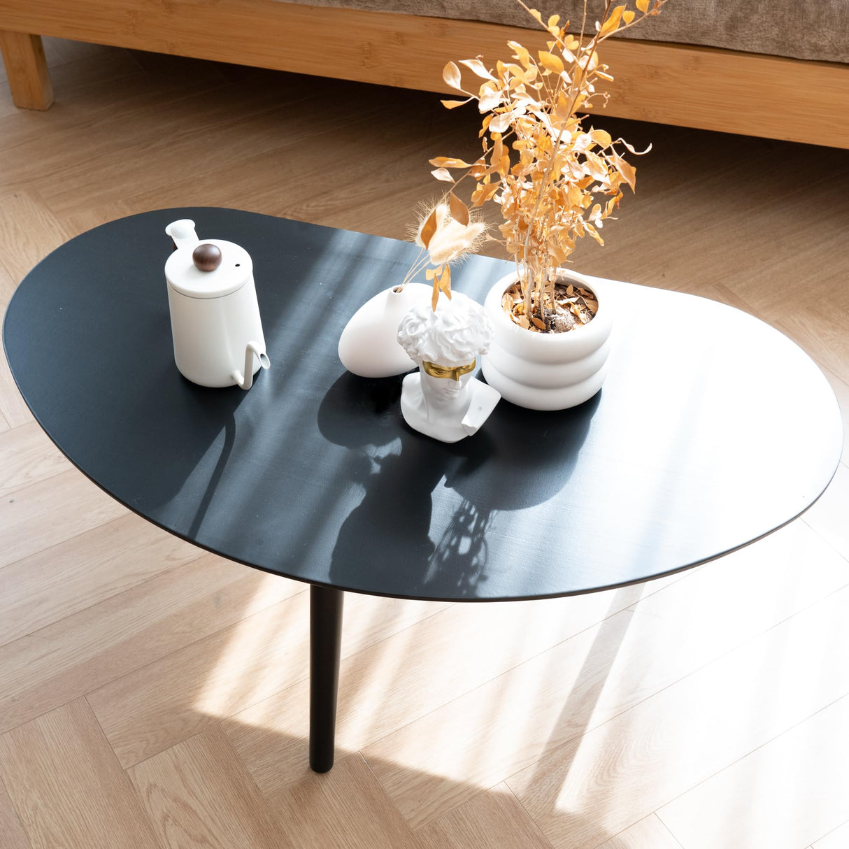 XINNAN Small Oval Coffee Table Mid Century Modern for Living Room, Center Table,Solid Wood Coffee Table,Nature Wood (Black, 18.9" D x 33.85" W 12.4" H) XINNAN