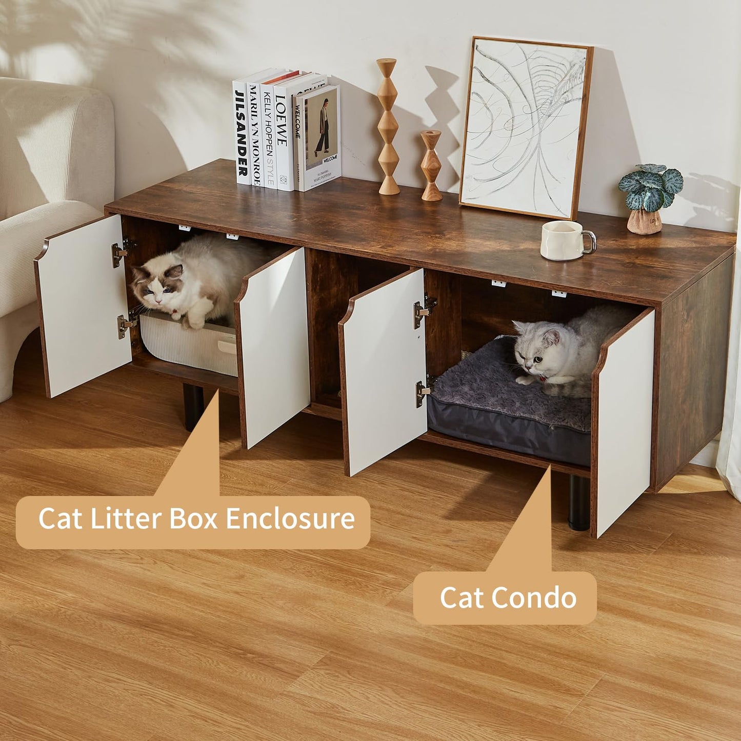DOICAH Cat Litter Box Enclosure for 2 Cats, Hidden Cat Litter Box Furniture with Double Room,Indoor Cat Condo TV Stand, Double Litter Box Enclosure,Wooden Cat House,Litter Box Furniture