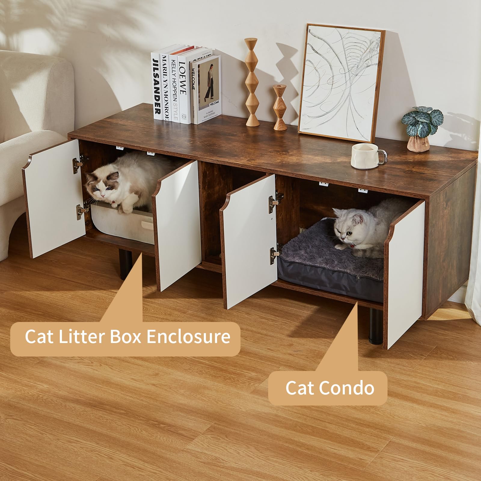 DOICAH Cat Litter Box Enclosure for 2 Cats, Hidden Cat Litter Box Furniture with Double Room,Indoor Cat Condo TV Stand, Double Litter Box Enclosure,Wooden Cat House,Litter Box Furniture - WoodArtSupply