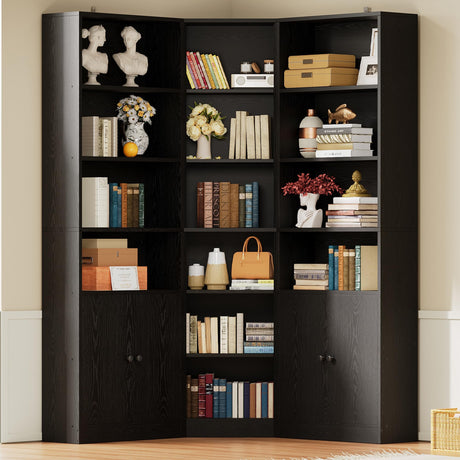 IRONCK Corner Bookshelf and Bookcase with 2 Storage Cabinets and 7 Tier Shelves, 71" Height Storage Shelves Corner Combination, Black IRONCK